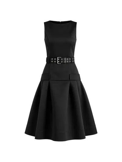 Ganni Belted-waist Pleated Midi Dress In Black