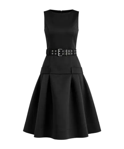 Ganni Belted-waist Pleated Midi Dress In Black