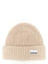 Ganni Beige Fisherman Rib Beanie With Logo Patch In Wool Blend Woman In Neutral