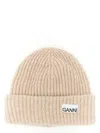 Ganni Beige Fisherman Rib Beanie With Logo Patch In Wool Blend Woman In Neutral