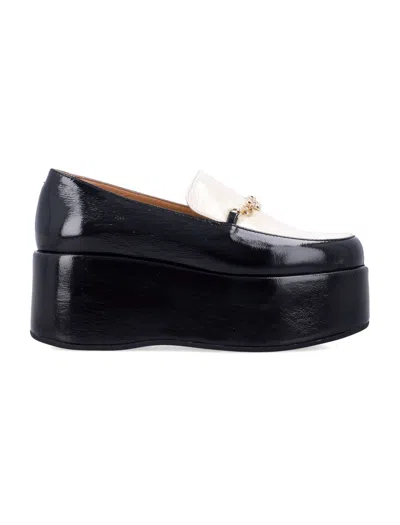 Ganni Bicolor Patent Platform Loafers With 7 Cm Heel In Black Egret
