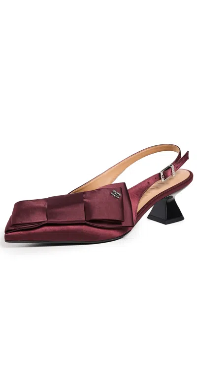 Ganni Big Bow Kitten Heel Satin Pumps Dark Burgundy
