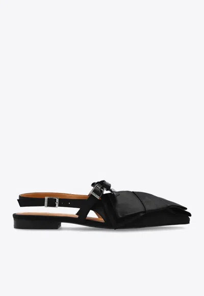 Ganni Big Bow Slingback Pointed-toe Flats In Black