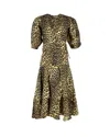 Ganni Leopard Print Wrap Dress In Yellow Cotton In Yellow