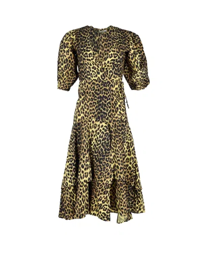 Ganni Leopard Print Wrap Dress In Yellow Cotton