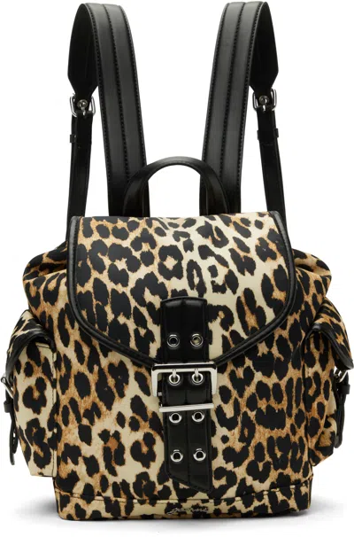 Ganni Black & Beige Leopard Small Nylon Bucky Backpack