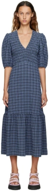 Ganni Black & Blue Checked Midi Dress In 379 Mini Check Grana