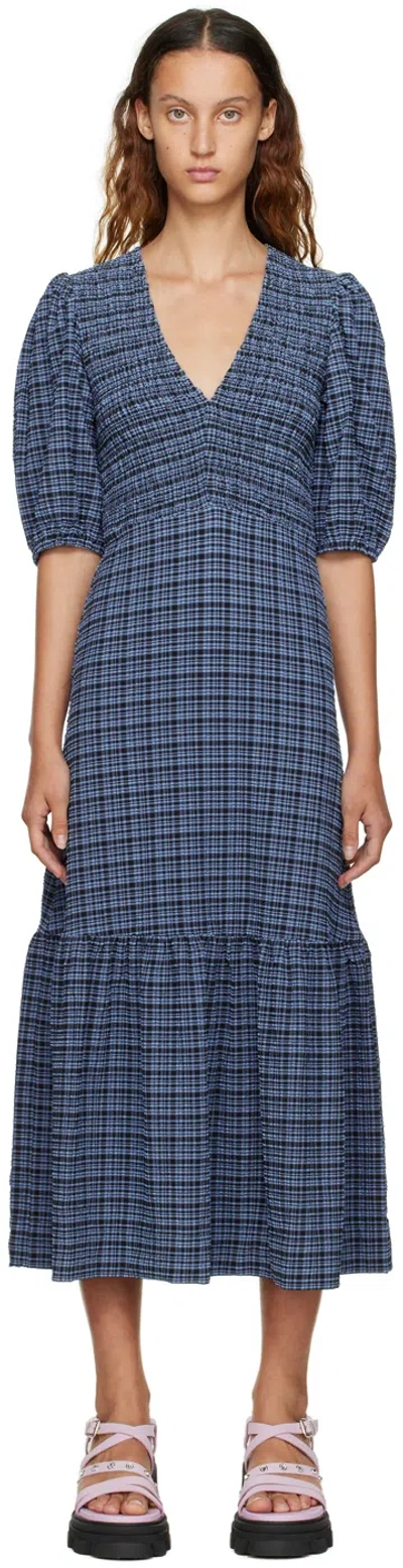 Ganni Black & Blue Checked Midi Dress In 379 Mini Check Grana