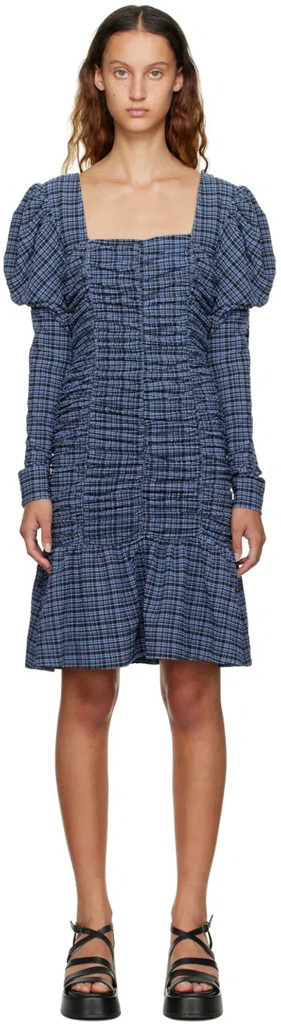 Ganni Black & Blue Checked Minidress In 379 Mini Check Grana