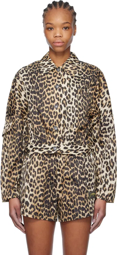 Ganni Black & Brown Duchesse Nylon Cropped Jacket In 943 Leopard