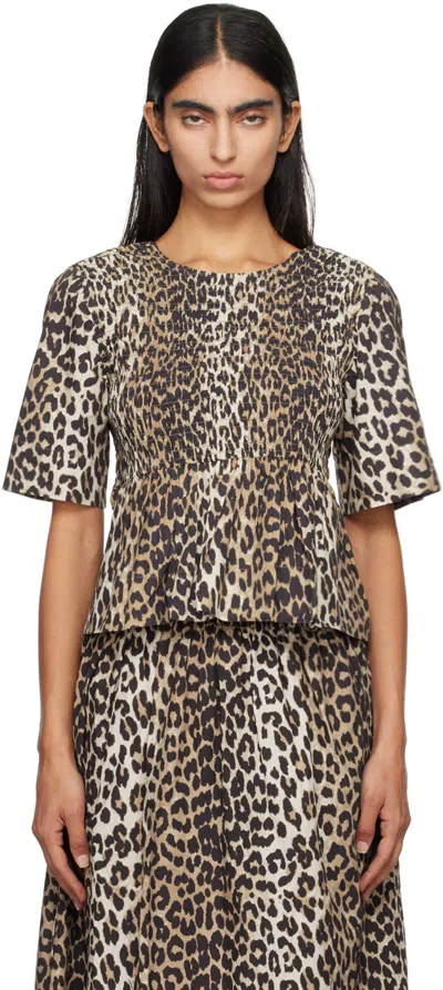 Ganni Women Leopard Cotton Poplin Peplum Tie Blouse In Animal Print