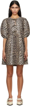 Ganni Brown Leopard Printed Cotton Tie String Minidress In 943 Leopard