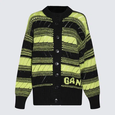 Ganni Black And Lime Green Wool Cardigan