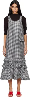 Ganni Black & White Crinkled Check Midi Dress In Black