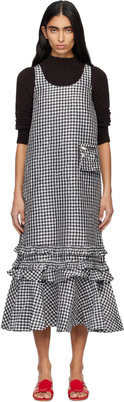 Ganni Black & White Crinkled Check Midi Dress