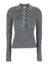 Ganni Black And White Polo Shirt With All-over Space-dye Effect And Button Closure In Fabric Woman In Gray