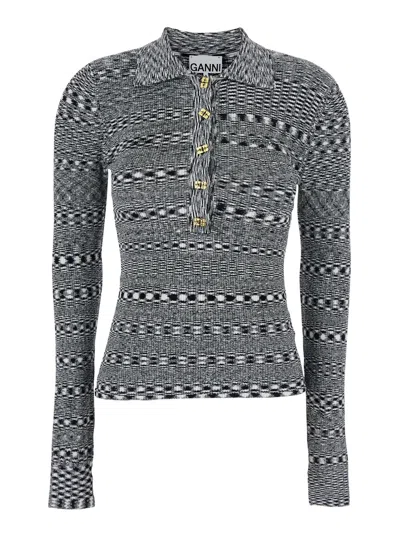 GANNI BLACK AND WHITE POLO SHIRT WITH ALL-OVER SPACE-DYE EFFECT AND BUTTON CLOSURE IN FABRIC WOMAN