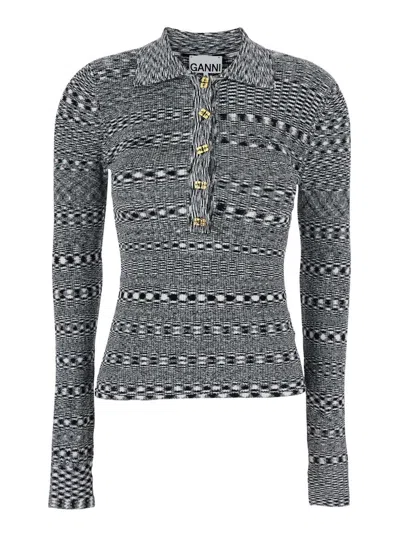 GANNI BLACK AND WHITE POLO SHIRT WITH ALL-OVER SPACE-DYE EFFECT AND BUTTON CLOSURE IN FABRIC WOMAN