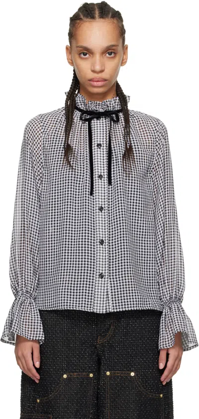 Ganni Black & White Sheer Check Tie String Shirt In 099 Black