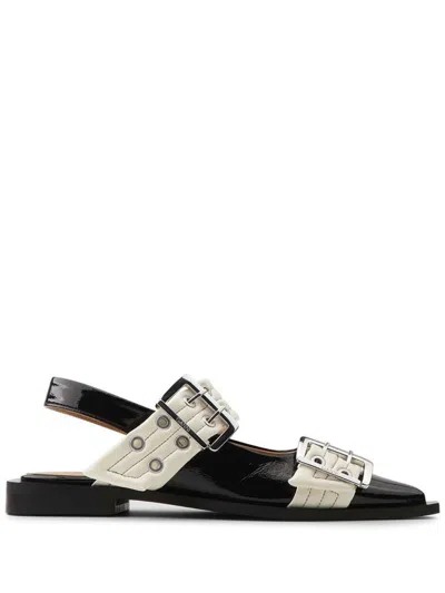 Ganni Black And White Slingback Ballerina Flats With Buckles