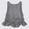 Ganni Crinkled Taffeta Check Open Back Frill Top In Black