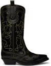 Ganni Black & Yellow Mid Shaft Embroidered Western Boots In 099 Black