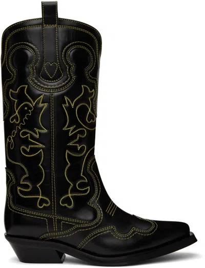 Ganni Black & Yellow Mid Shaft Embroidered Western Boots In 099 Black