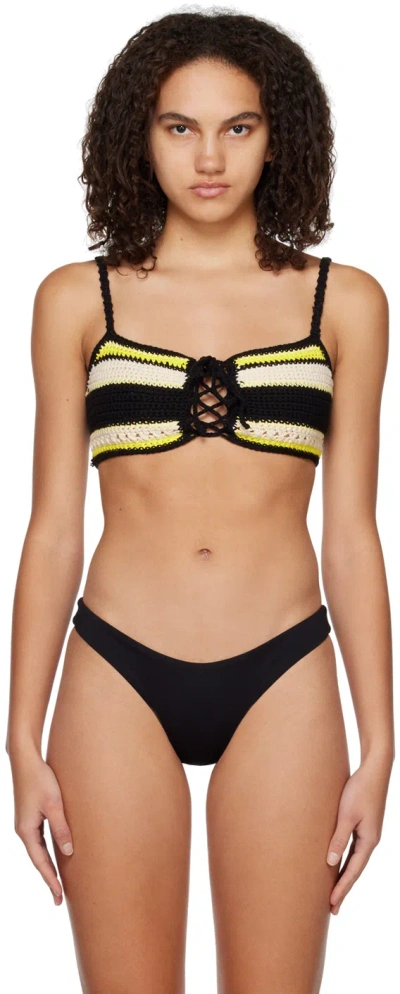 Ganni Black & Yellow Self-tie Bikini Top In Multi