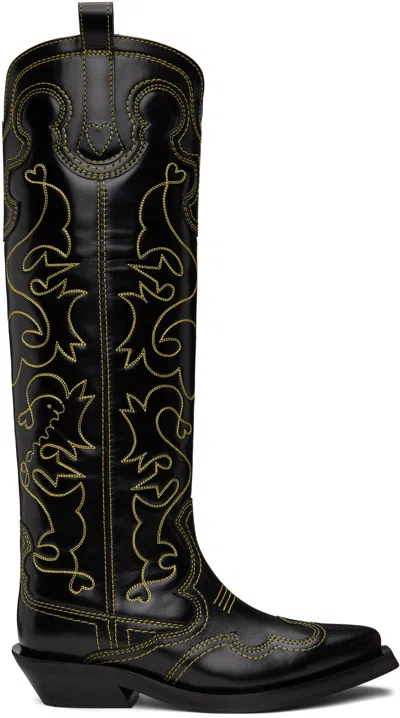 Ganni Embroidered Leather Western Knee-high Boots In Burgundy