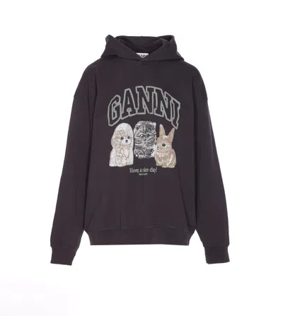 Ganni Hoodie With Logo Print In Gray
