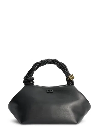 Ganni Black Bag With Twisted Handle And Gold Accents In Gray