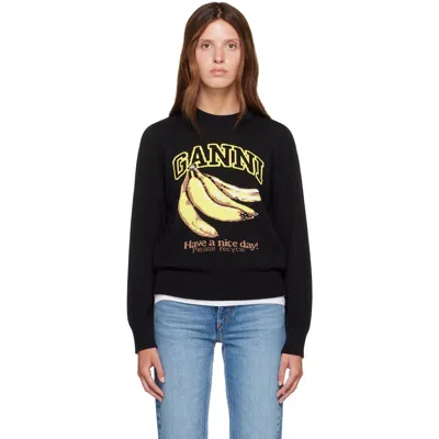 Ganni Organic Cotton Round Neck Sweater With Banana Graphic For Women In Black