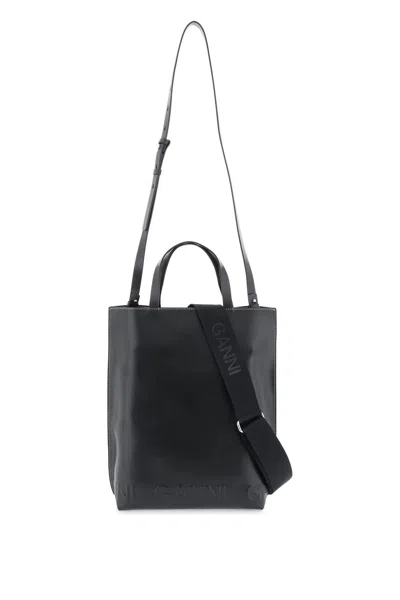 Ganni Black Banner Medium Tote Handbag With Detachable Straps And Interior Pockets