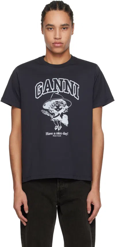 Ganni Black Basic Cotton Witch Relaxed T-shirt In Phantom