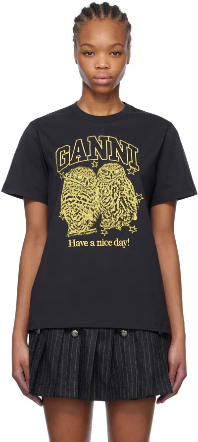 GANNI BLACK BASIC JERSEY OWLS RELAXED T-SHIRT