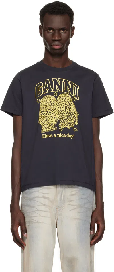 Ganni Black Basic Jersey Owls Relaxed T-shirt In Phantom