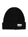 Ganni Womens Black Logo-patch Wool-blend Beanie Hat In Black