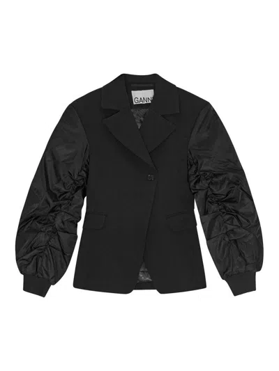 Ganni Black Blazer With Contrasting-fabric Sleeves