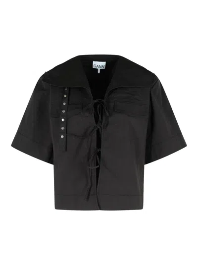Ganni Black Blouse In Stretch Cotton