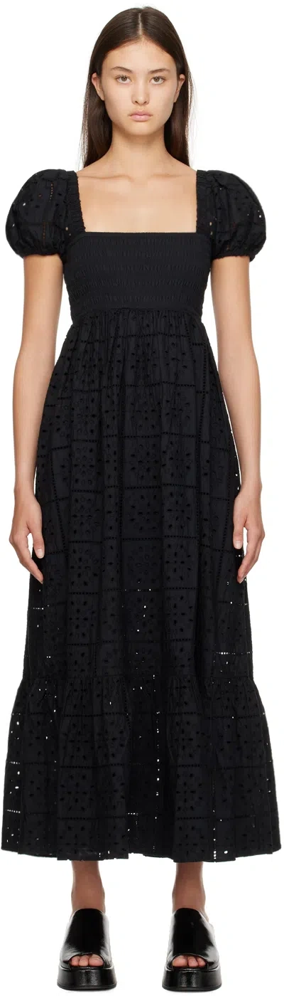 Ganni Shirred Broderie Anglaise Cotton Maxi Dress In Black