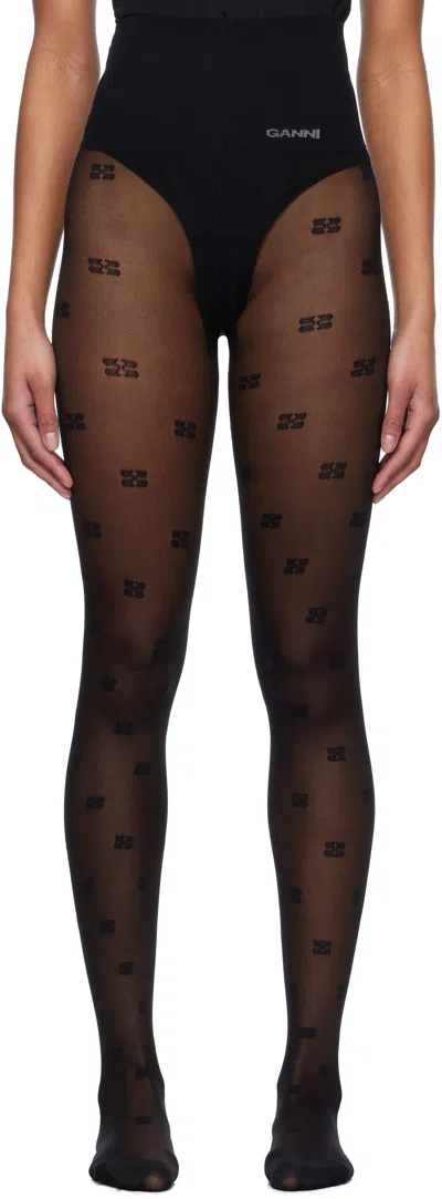 Ganni Black Butterfly Lace Tights In 099 Black