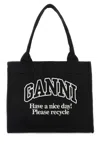 Ganni Black Canvas Shopping Bag In Black