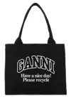 Ganni Black Canvas Shopping Bag In Black