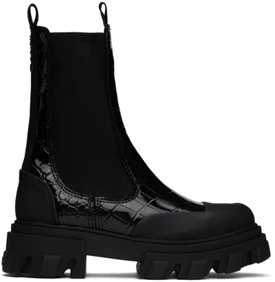 Ganni Black Cleated Mid Chelsea Boots In 099 Black