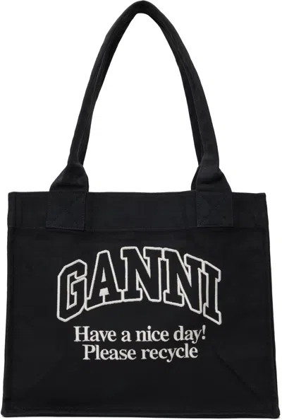 GANNI BLACK CONTRASTED LOGO LARGE CANVAS TOTE