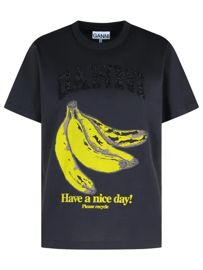 GANNI BLACK COTTON BANANA GRAPHIC T-SHIRT