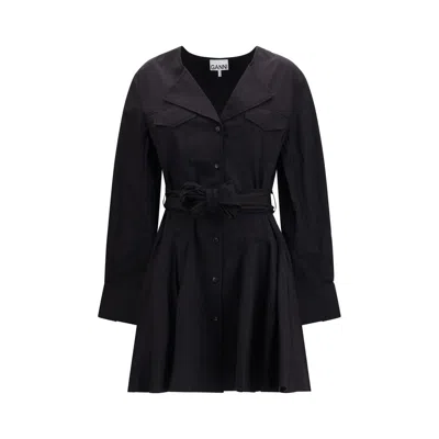 Ganni Short Jacket Dress Flared Skirt Lapel In Black