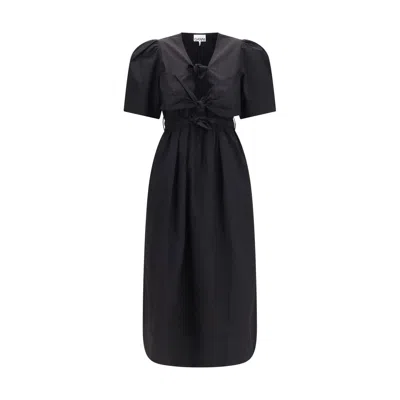 Ganni Belted Bow-embellished Stretch-cotton Poplin Midi Dress In Black