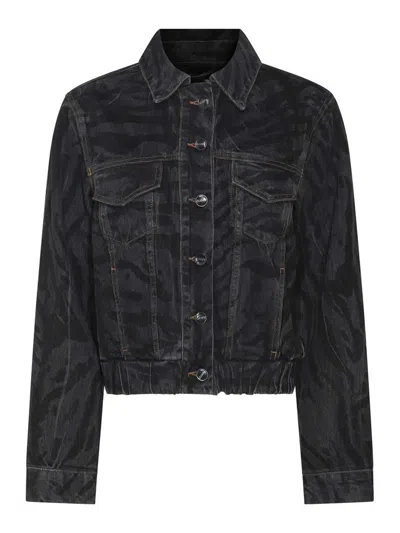 Ganni Animal Motif Denim Cropped Jacket In Black