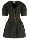Ganni Cotton Dress With Puff Sleeves And Ruffled Collar In Black